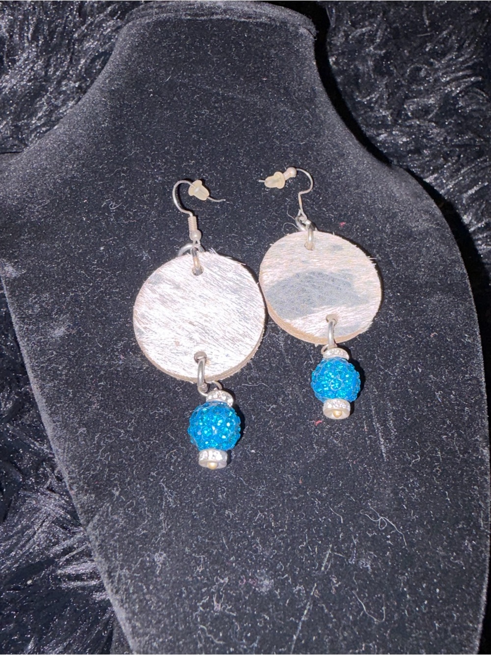 Art by Amy Silver Faux Cow Hide Earrings with Blue Crystal Beads